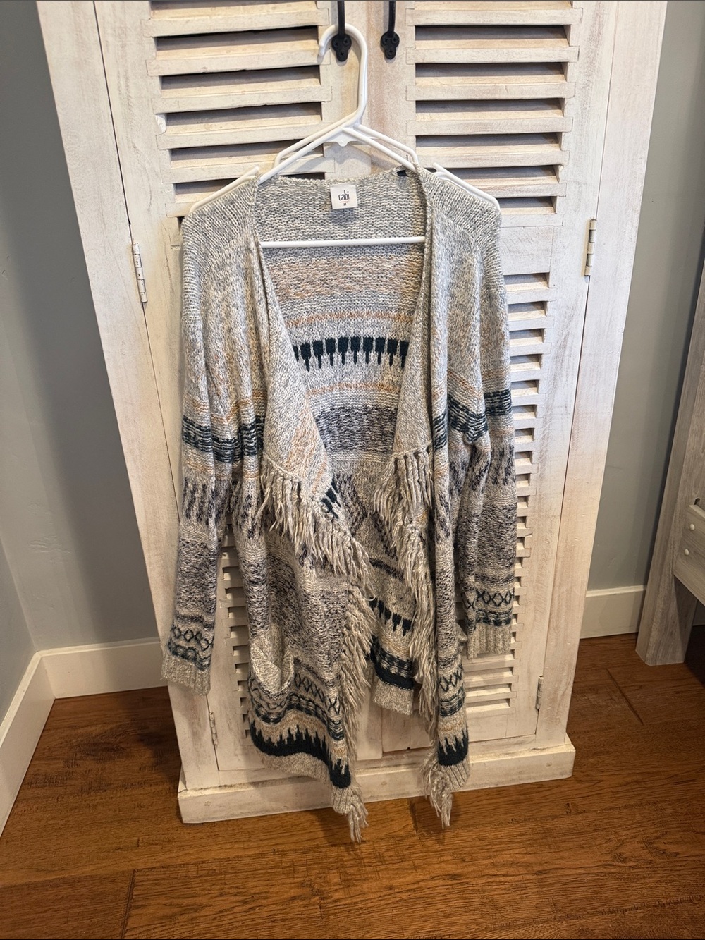 CAbi Gray and Navy Patterned Fringe Open-Front Cardigan